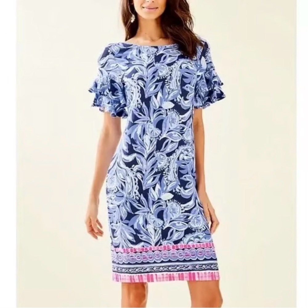 Lilly Pulitzer Navy and Light Blue Floral Midi Dress with Pink Hem Trim